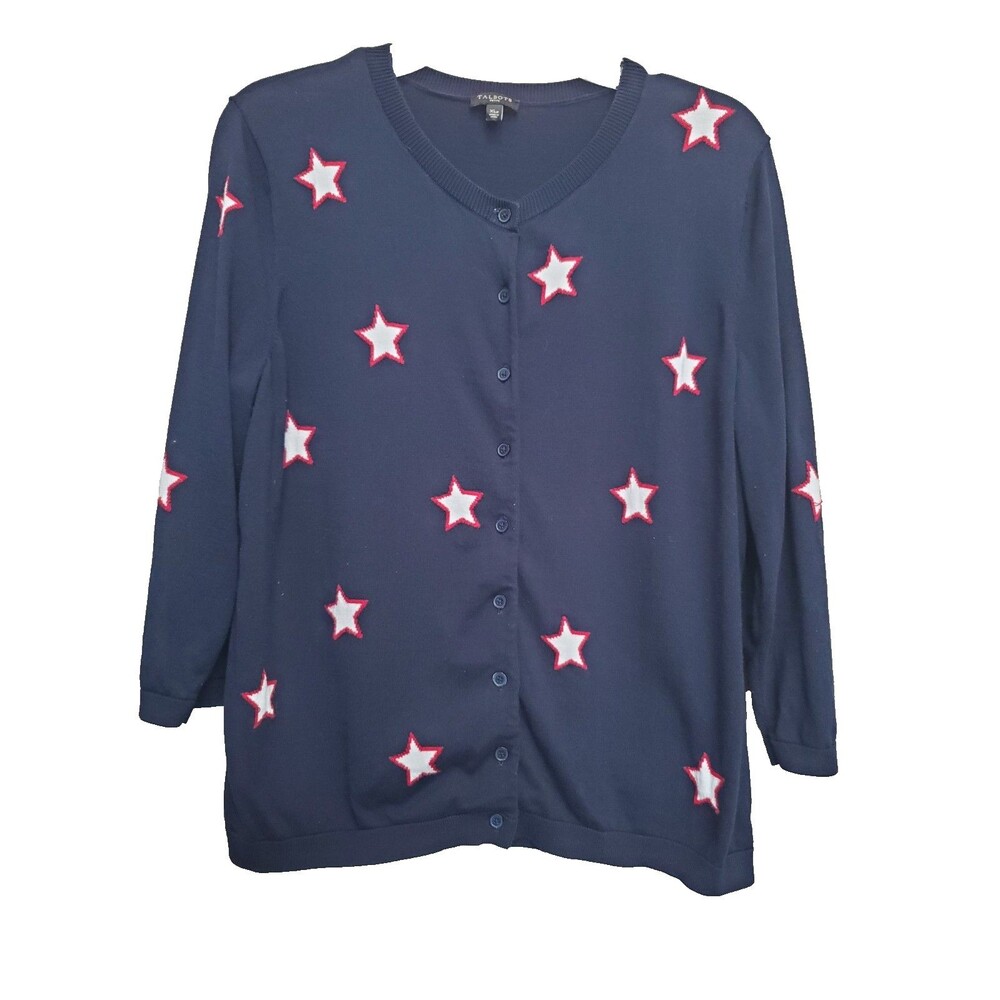 Talbots Petite Blue Star Print Button-Up Cardigan Sweater Size XLP